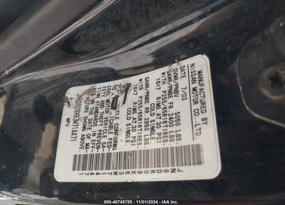 2003 NISSAN PATHFINDER SE VIN: JN8DR09X63W714471