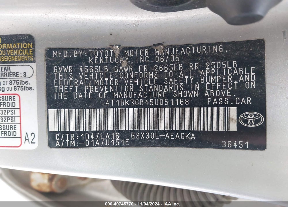 2005 TOYOTA AVALON XLS VIN: 4T1BK36B45U051168