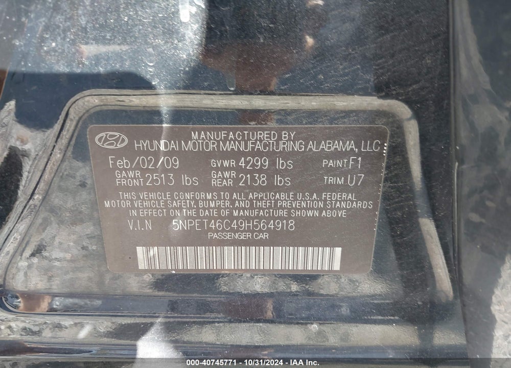2009 HYUNDAI SONATA VIN: 5NPET46C49H564918