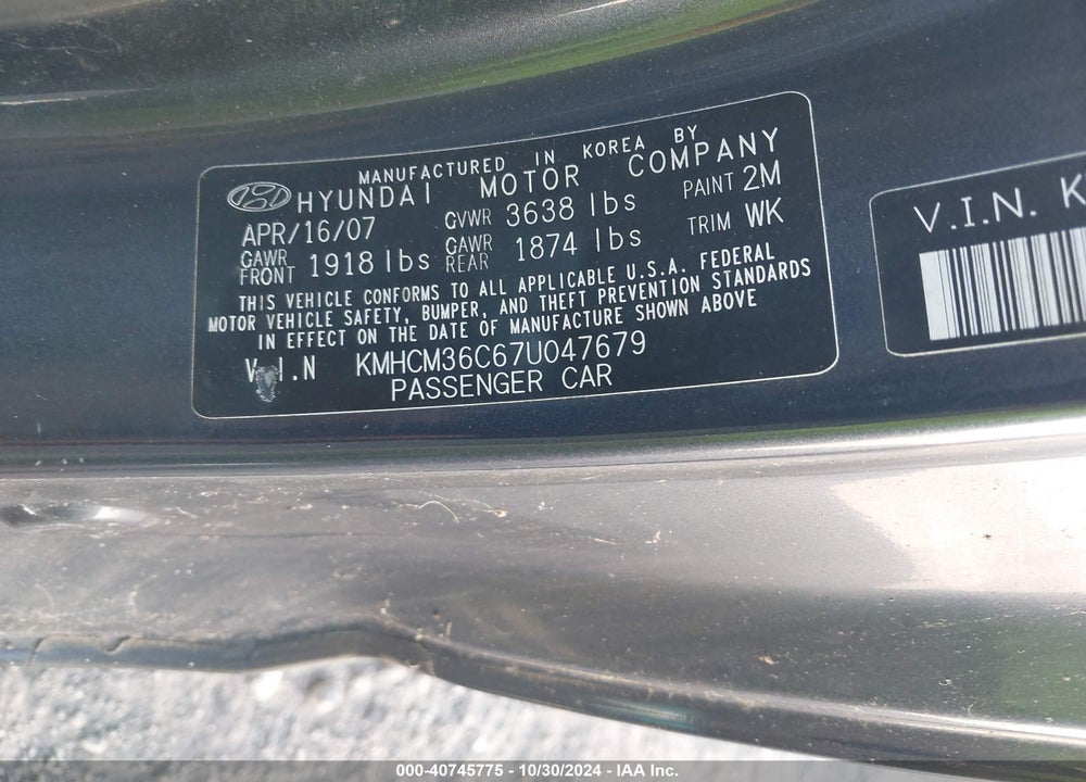 2007 HYUNDAI ACCENT GS VIN: KMHCM36C67U047679