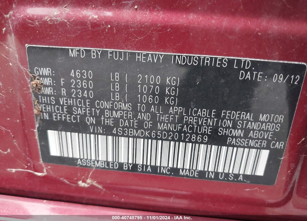 2013 SUBARU LEGACY 3.6R LIMITED VIN: 4S3BMDK65D2012869