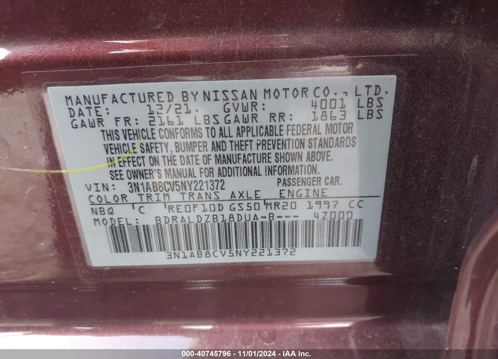 2022 NISSAN SENTRA SV XTRONIC CVT VIN: 3N1AB8CV5NY221372