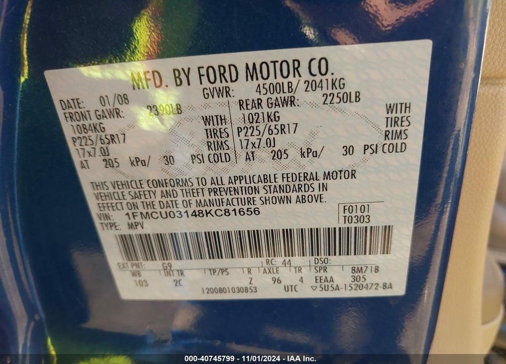 2008 FORD ESCAPE XLT VIN: 1FMCU03148KC81656