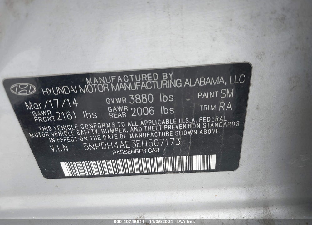 2014 HYUNDAI ELANTRA LIMITED VIN: 5NPDH4AE3EH507173