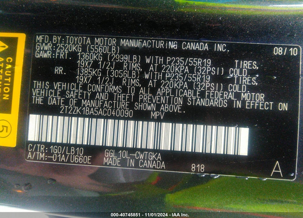 2010 LEXUS RX 350 VIN: 2T2ZK1BA5AC040090