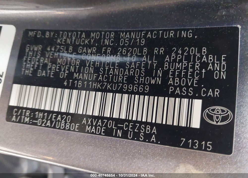 2019 TOYOTA CAMRY SE VIN: 4T1B11HK7KU799669