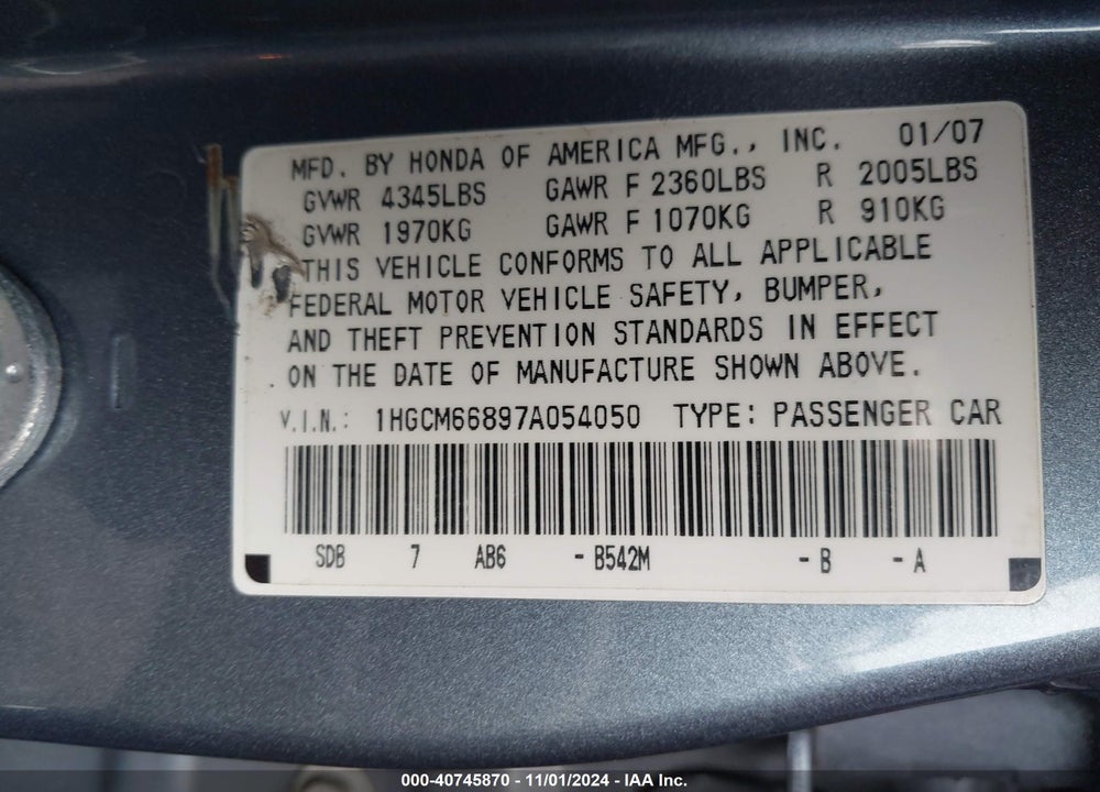 2007 HONDA ACCORD 3.0 EX VIN: 1HGCM66897A054050