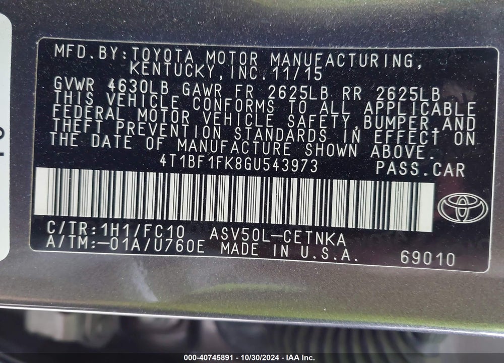 2016 TOYOTA CAMRY LE VIN: 4T1BF1FK8GU543973