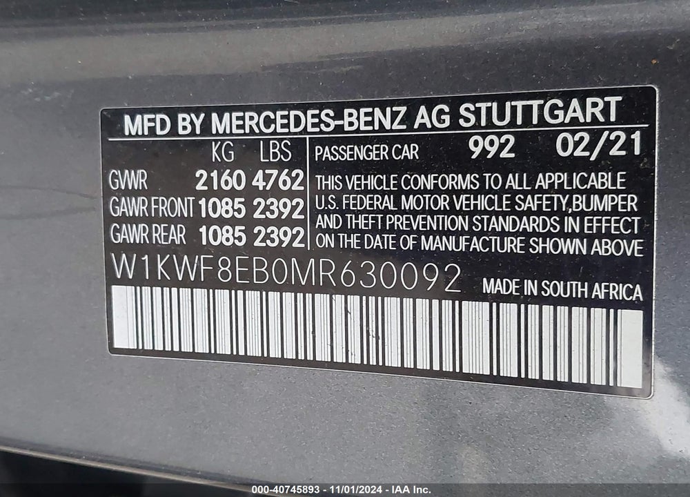 2021 MERCEDES-BENZ C 300 4MATIC VIN: W1KWF8EB0MR630092