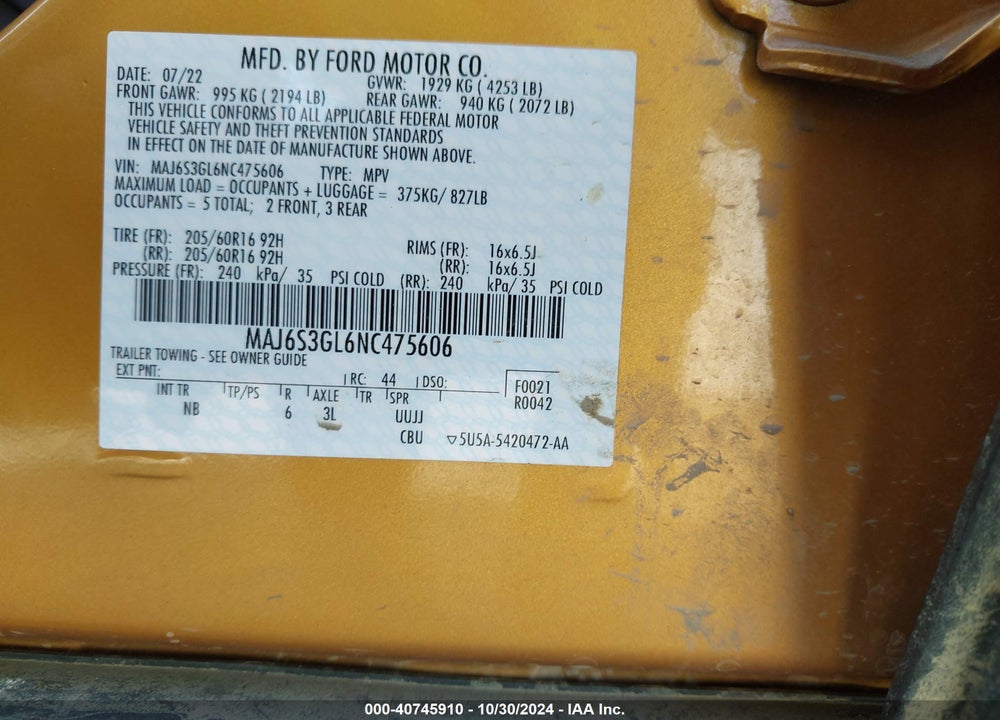 2022 FORD ECOSPORT SE VIN: MAJ6S3GL6NC475606