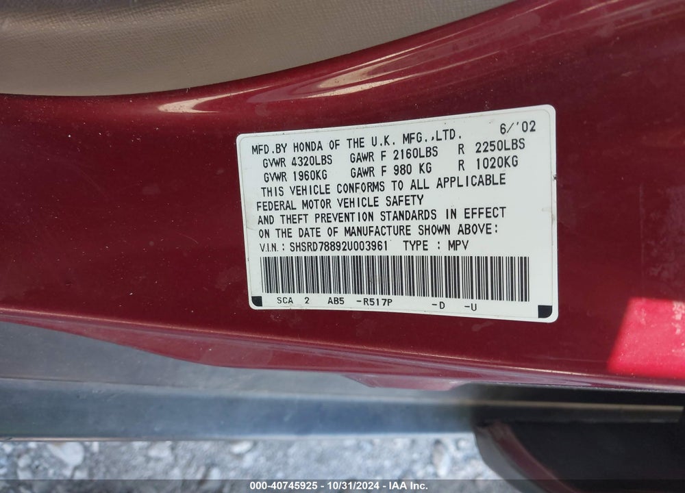 2002 HONDA CR-V EX VIN: SHSRD78892U003961