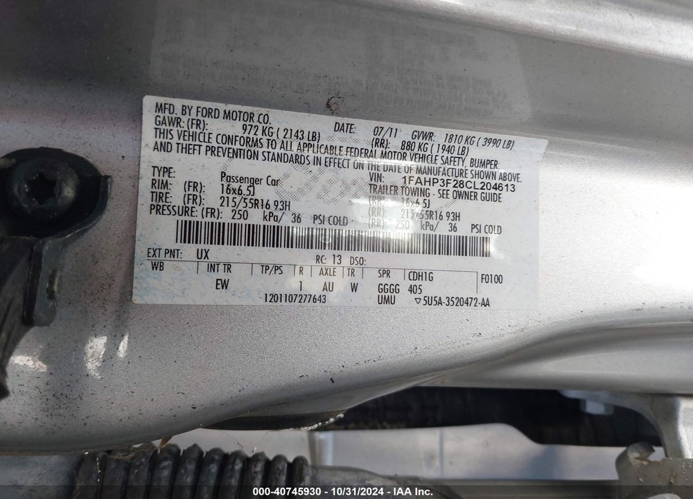 2012 FORD FOCUS SE VIN: 1FAHP3F28CL204613