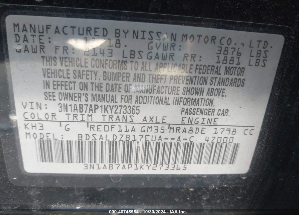 2019 NISSAN SENTRA SV VIN: 3N1AB7AP1KY273365