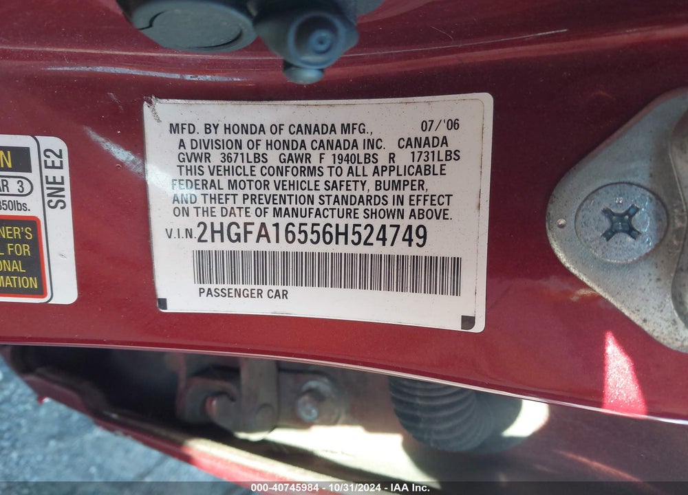 2006 HONDA CIVIC LX VIN: 2HGFA16556H524749