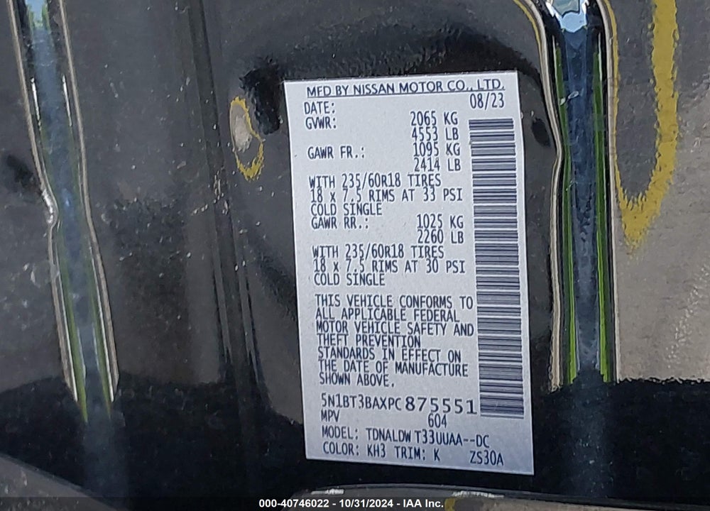 2023 NISSAN ROGUE SV FWD VIN: 5N1BT3BAXPC875551
