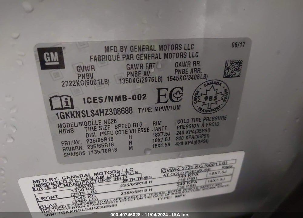 2017 GMC ACADIA SLE-2 VIN: 1GKKNSLS4HZ308688