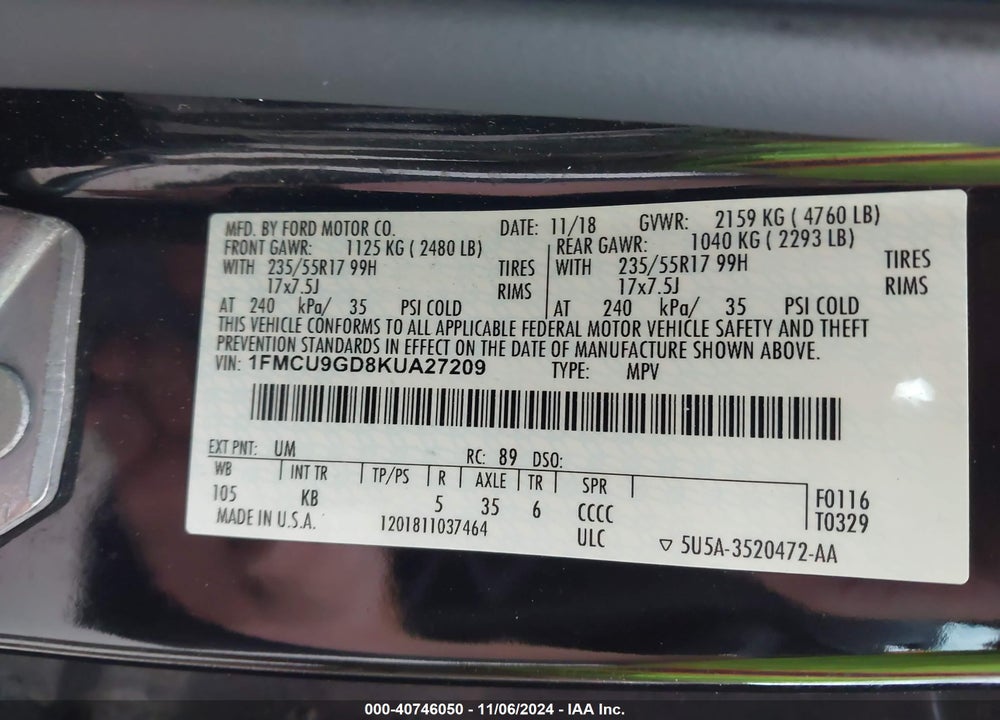 2019 FORD ESCAPE SE VIN: 1FMCU9GD8KUA27209