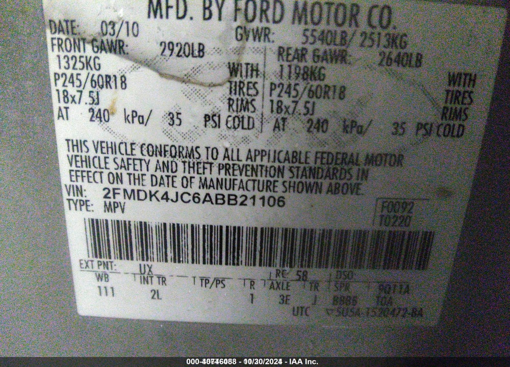 2010 FORD EDGE VIN: 2FMDK4JC6ABB21106