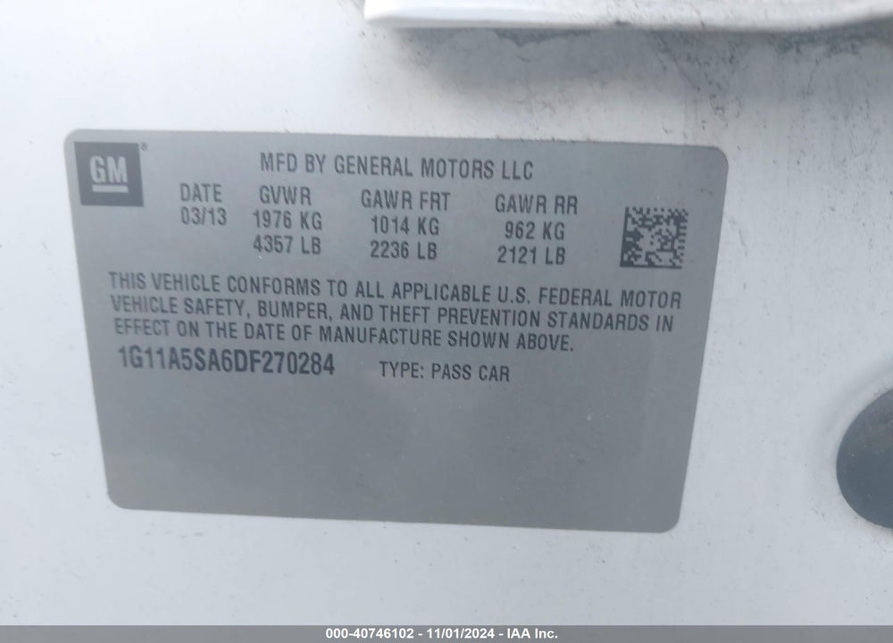 2013 CHEVROLET MALIBU 1FL VIN: 1G11A5SA6DF270284