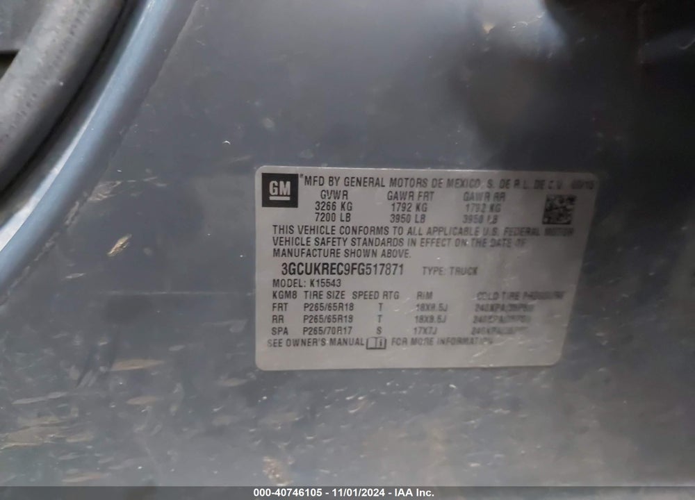 2015 CHEVROLET SILVERADO 1500 2LT VIN: 3GCUKREC9FG517871