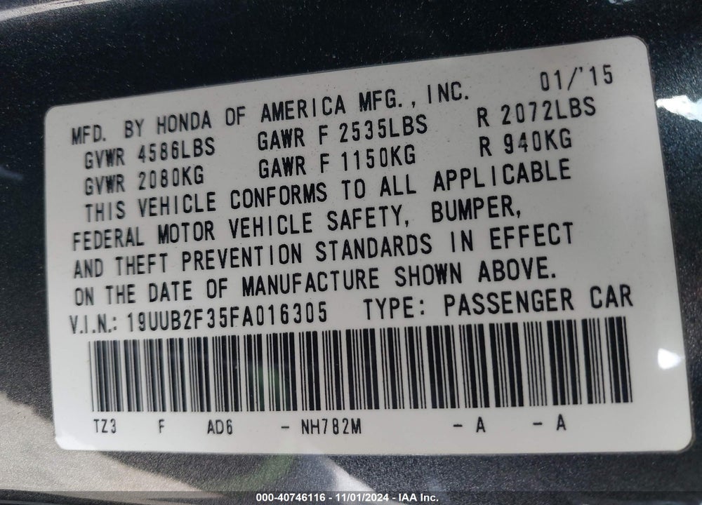 2015 ACURA TLX V6 VIN: 19UUB2F35FA016305