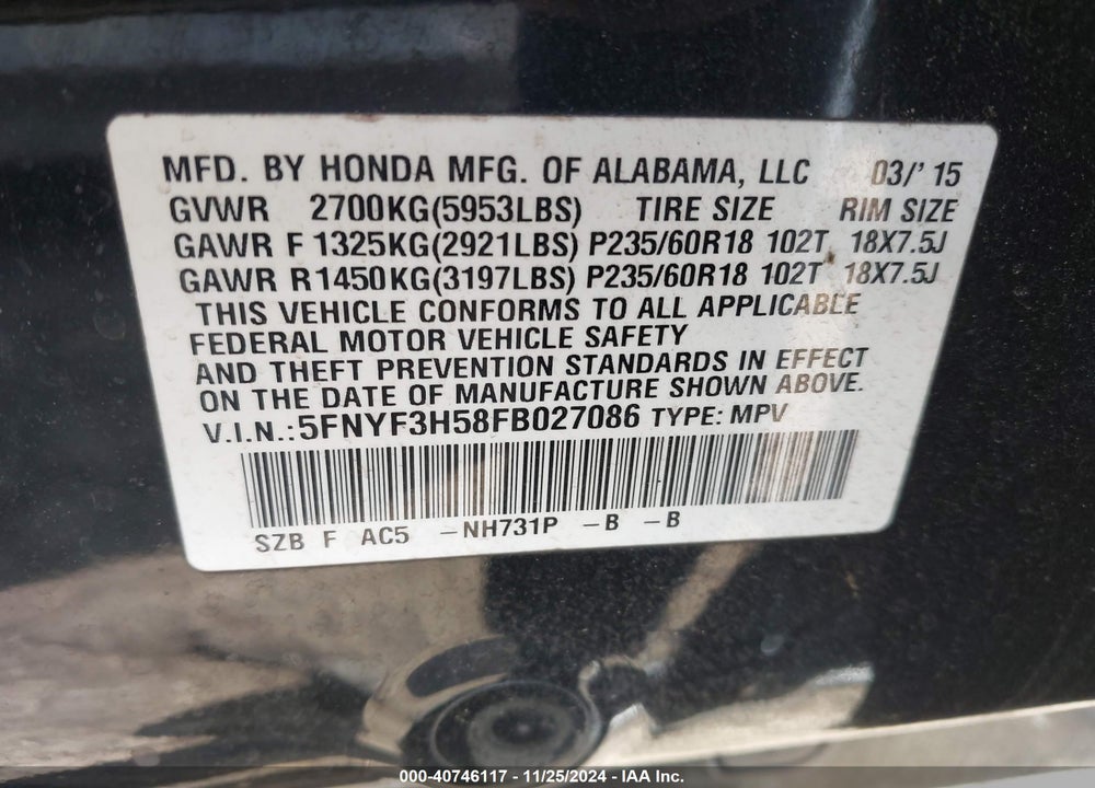 2015 HONDA PILOT EX-L VIN: 5FNYF3H58FB027086