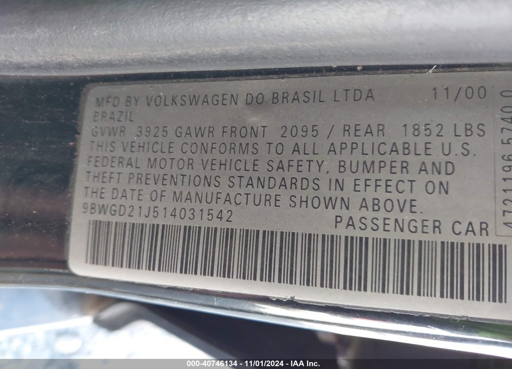 2001 VOLKSWAGEN GOLF GLS 1.8L TURBO VIN: 9BWGD21J514031542