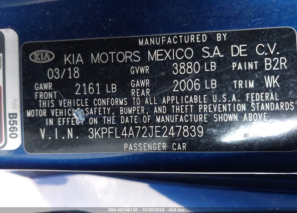 2018 KIA FORTE LX VIN: 3KPFL4A72JE247839