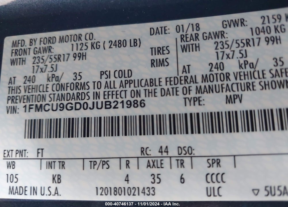 2018 FORD ESCAPE SE VIN: 1FMCU9GD0JUB21986