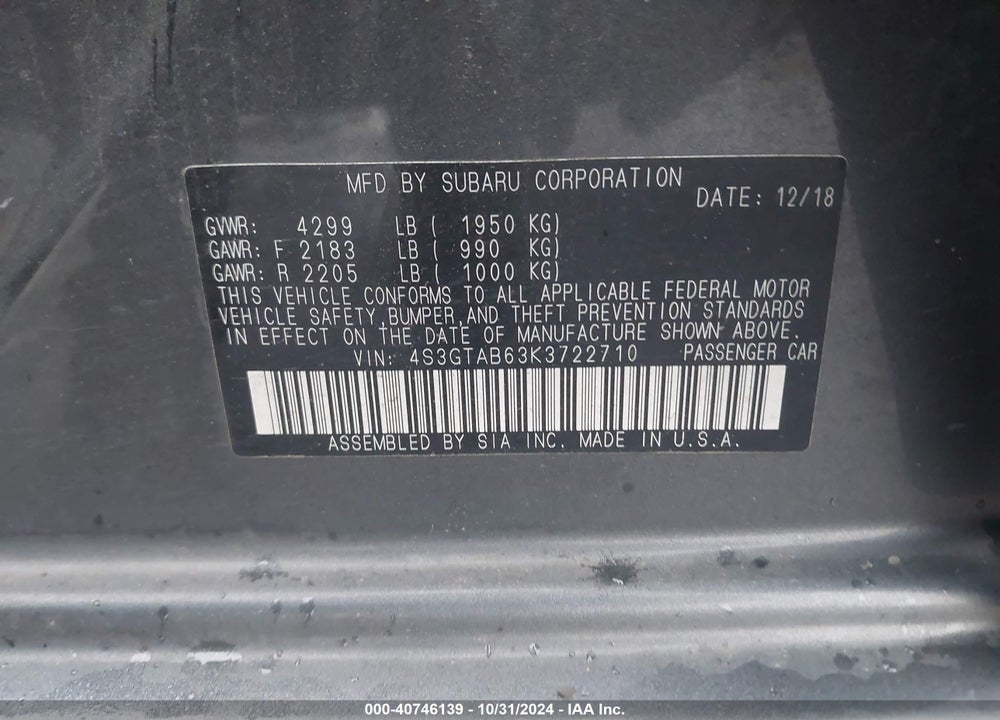 2019 SUBARU IMPREZA 2.0I VIN: 4S3GTAB63K3722710