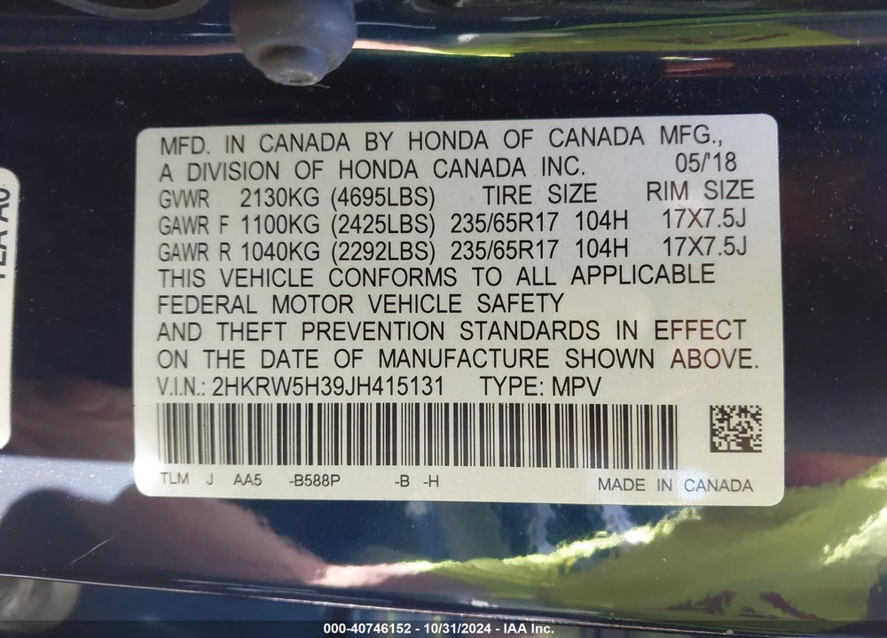 2018 HONDA CR-V LX VIN: 2HKRW5H39JH415131