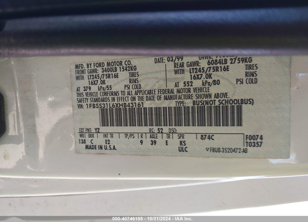 1999 FORD E-350 SUPER DUTY XL/XLT VIN: 1FBSS31L6XHB43161