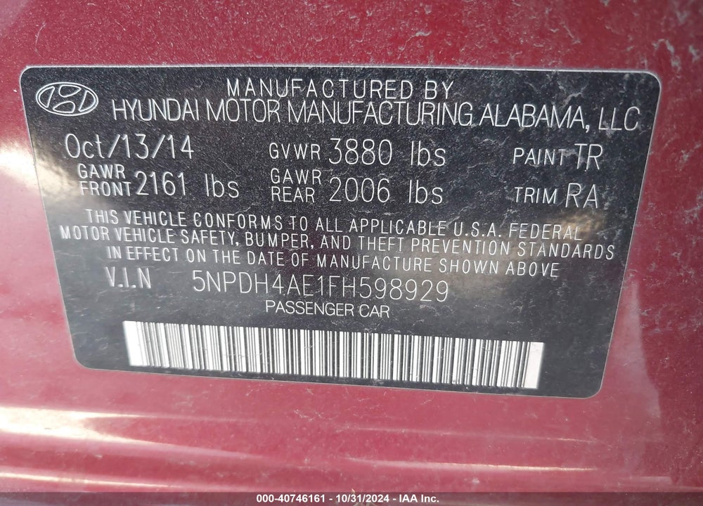 2015 HYUNDAI ELANTRA SE VIN: 5NPDH4AE1FH598929