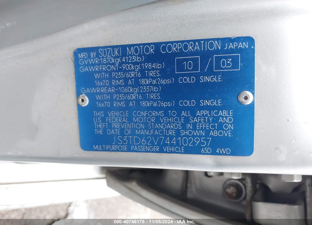 2004 SUZUKI GRAND VITARA EX/LX VIN: JS3TD62V744102957