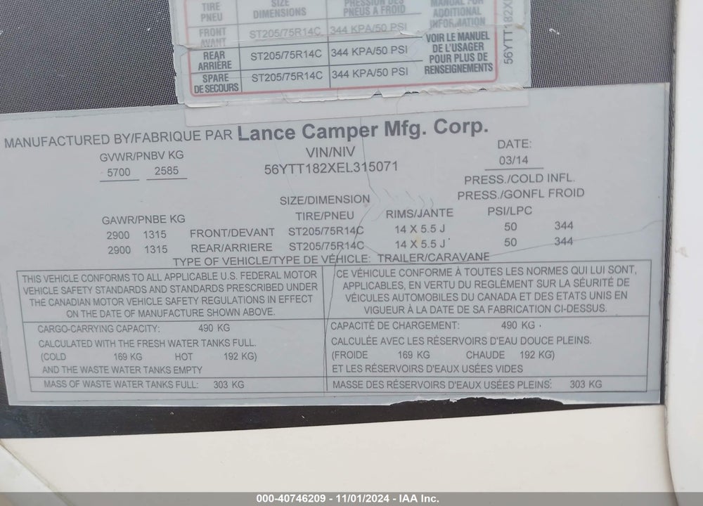 2014 LANCE CAMPER VIN: 56YTT182XEL315071