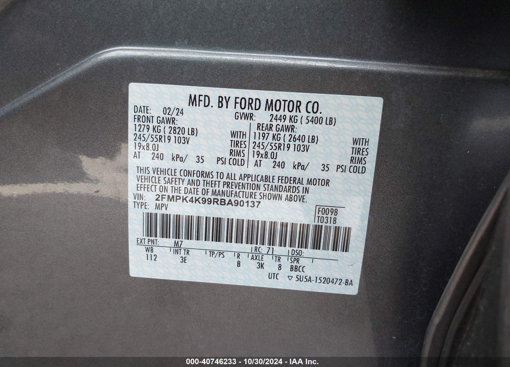 2024 FORD EDGE TITANIUM VIN: 2FMPK4K99RBA90137