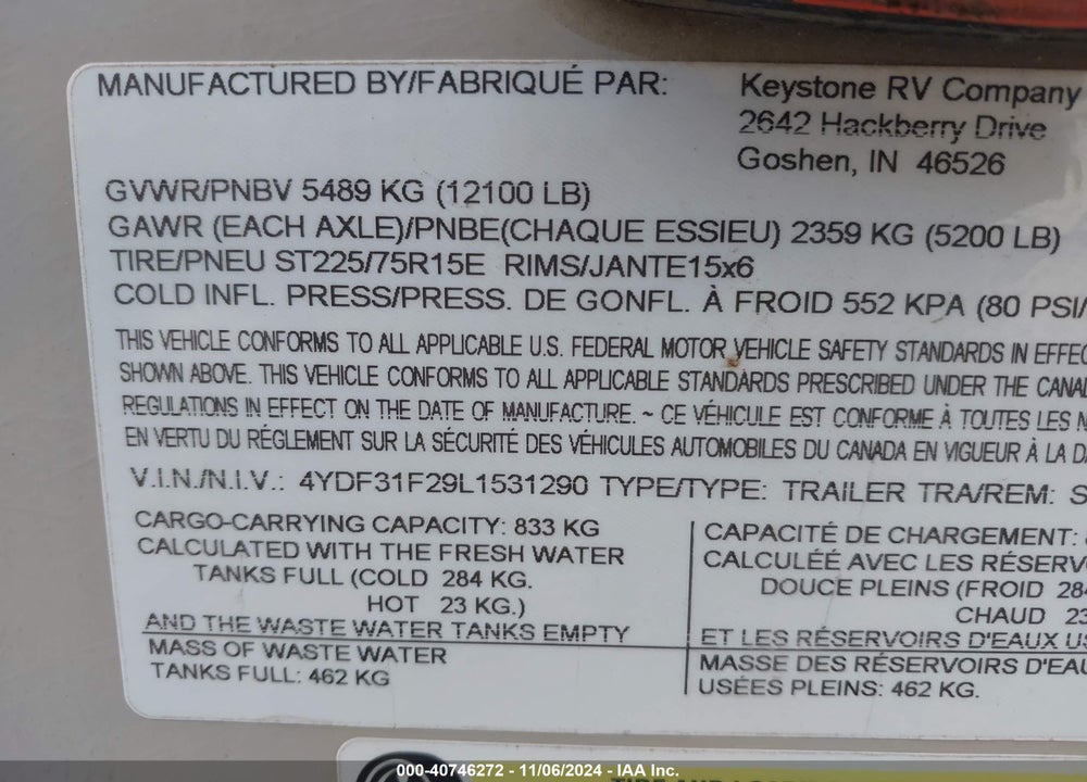 2020 KEYSTONE RV OTHER VIN: 4YDF31F29L1531290