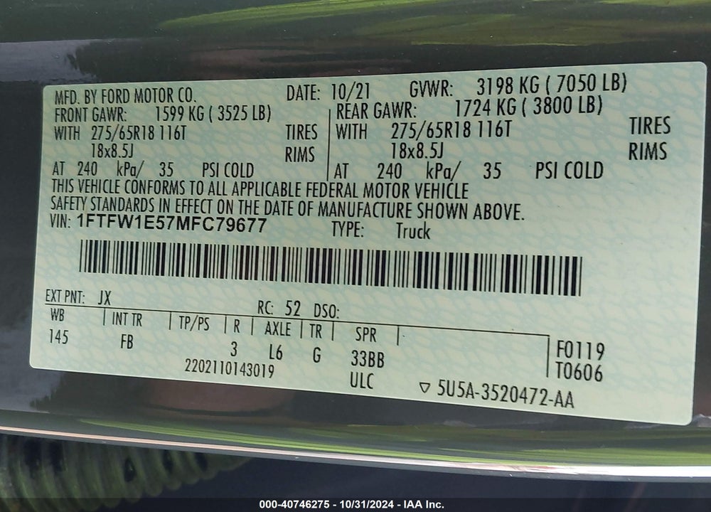 2021 FORD F-150 XLT VIN: 1FTFW1E57MFC79677