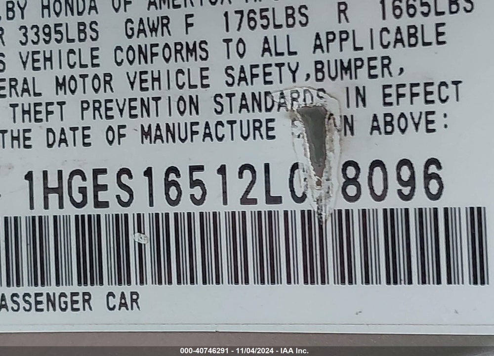 2002 HONDA CIVIC LX VIN: 1HGES16512L018096