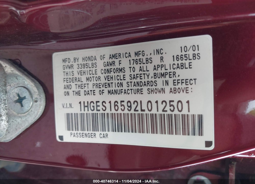 2002 HONDA CIVIC LX VIN: 1HGES16592L012501