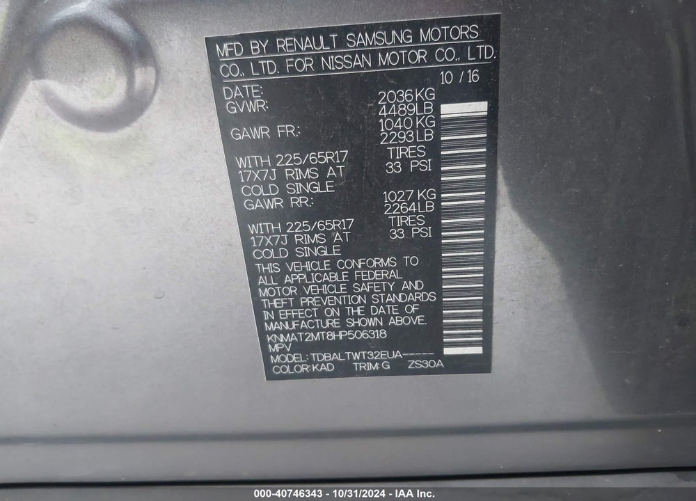 2017 NISSAN ROGUE SV VIN: KNMAT2MT8HP506318