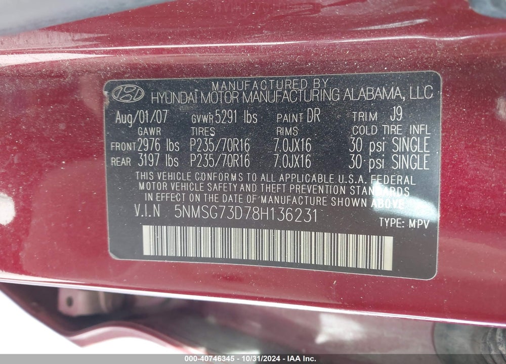 2008 HYUNDAI SANTA FE GLS VIN: 5NMSG73D78H136231