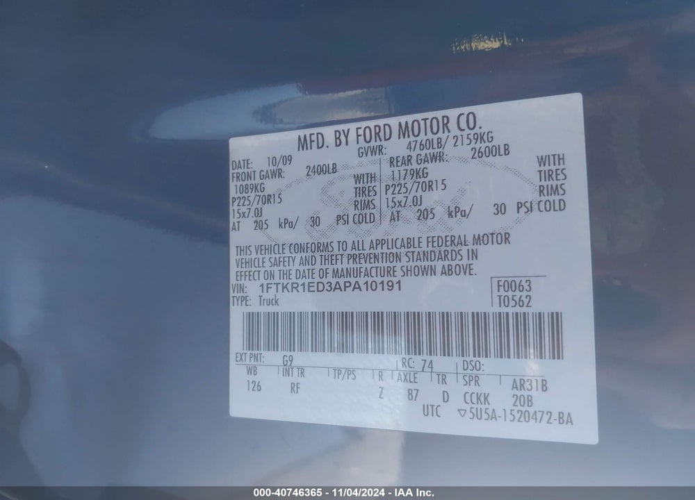 2010 FORD RANGER XL/XLT VIN: 1FTKR1ED3APA10191