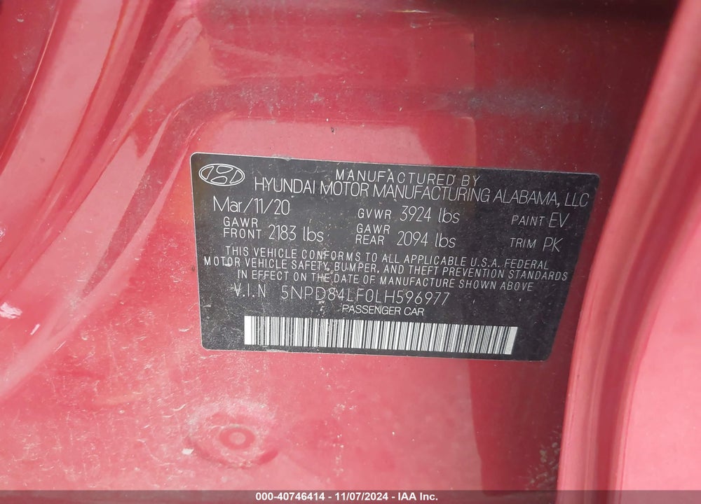 2020 HYUNDAI ELANTRA VIN: 5NPD84LF0LH596977