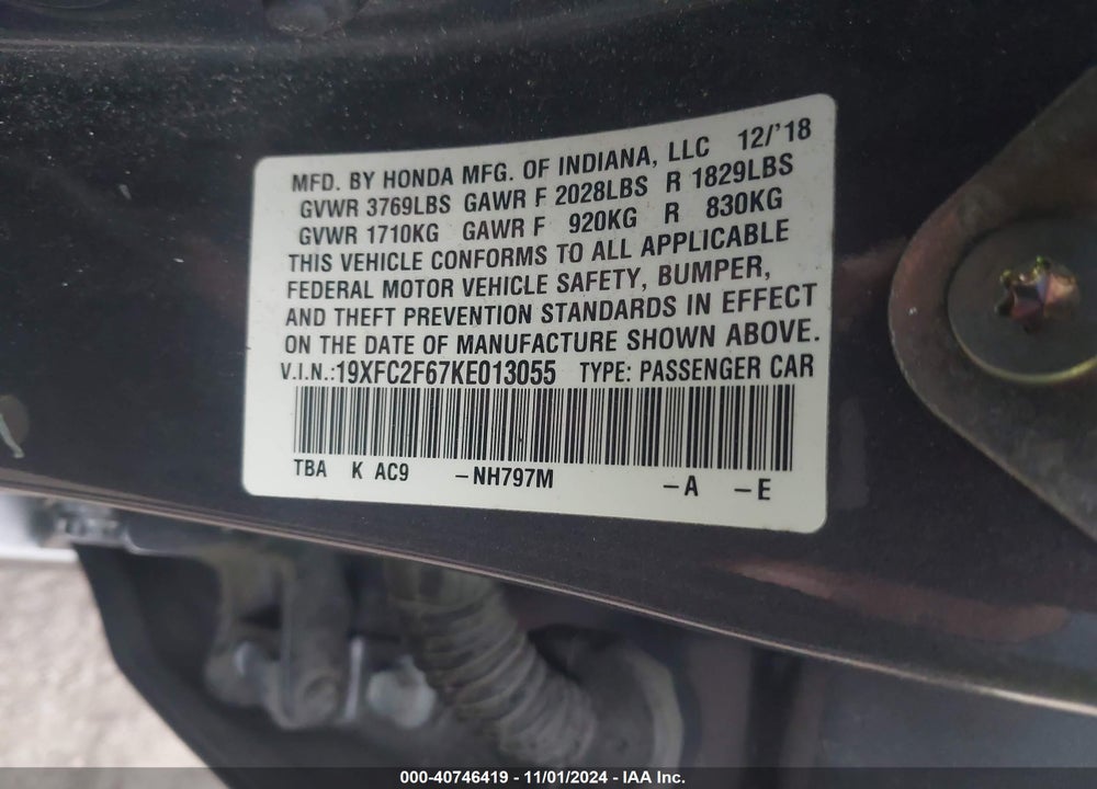 2019 HONDA CIVIC LX VIN: 19XFC2F67KE013055