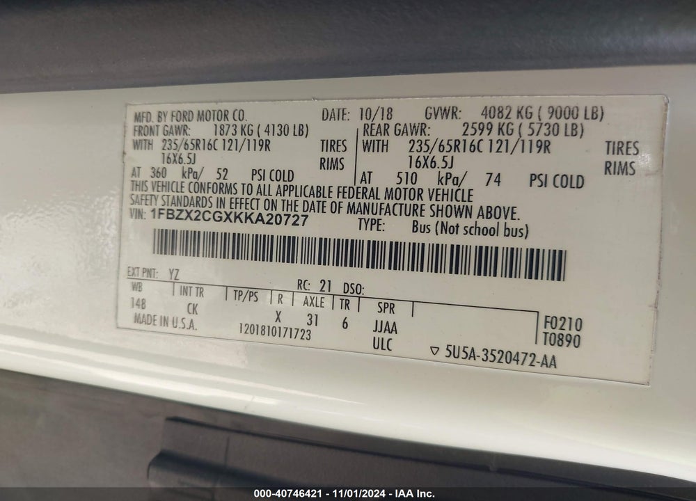 2019 FORD TRANSIT-350 VIN: 1FBZX2CGXKKA20727