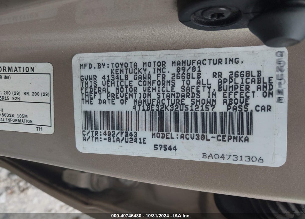 2002 TOYOTA CAMRY LE VIN: 4T1BE32K32U512157