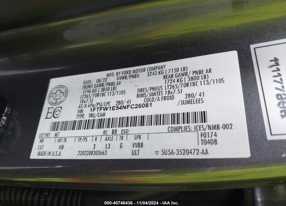 2022 FORD F-150 LARIAT VIN: 1FTFW1E54NFC26081