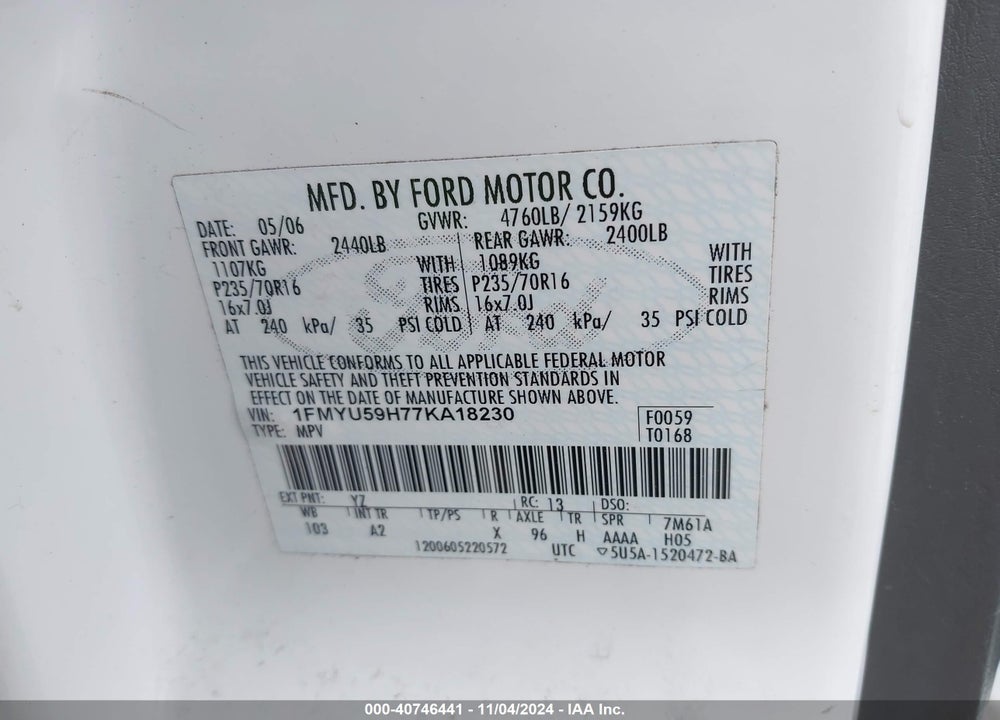2007 FORD ESCAPE HYBRID VIN: 1FMYU59H77KA18230