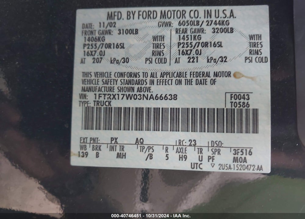 2003 FORD F-150 LARIAT/XL/XLT VIN: 1FTRX17W03NA66638
